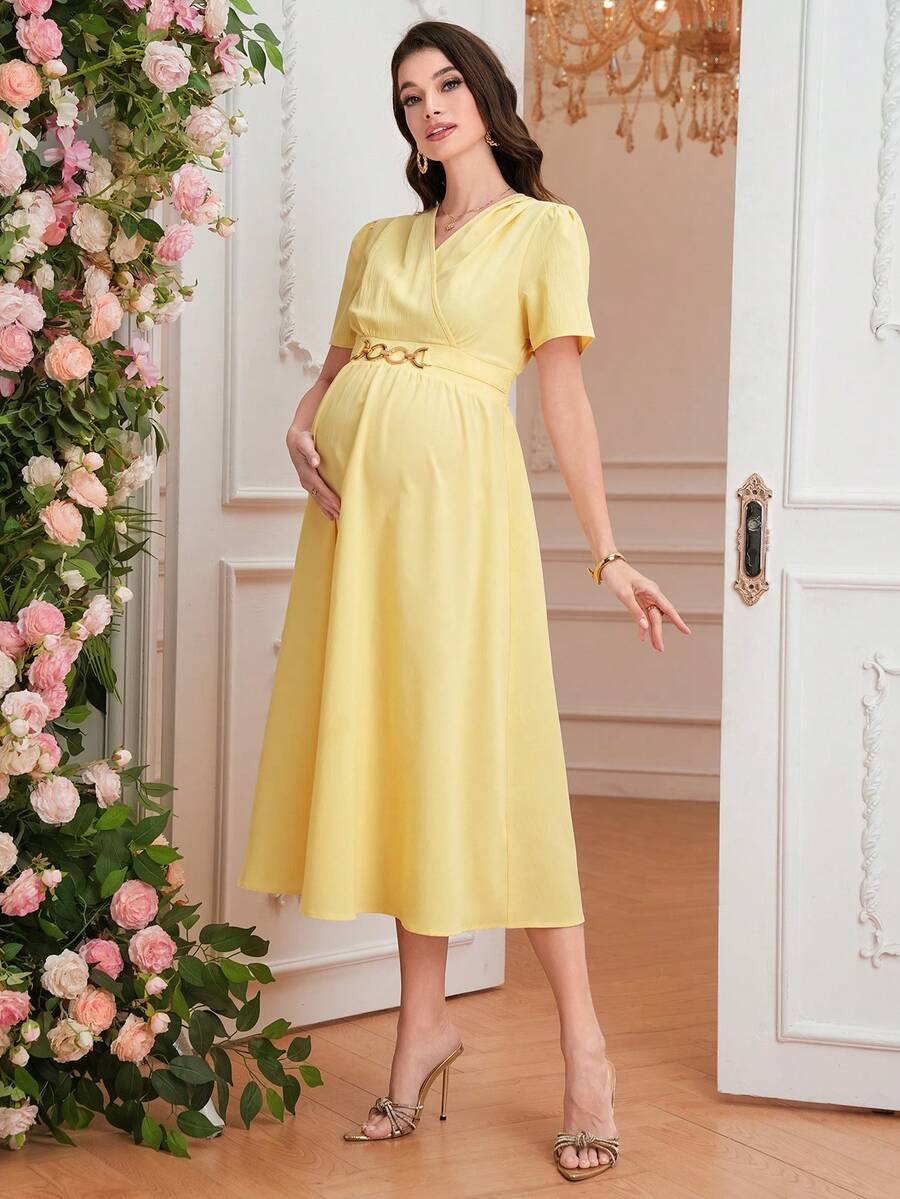 Maternity Elegant A-Line Dress - V Neck, Short Sleeve, Shirred, Flared Hem, Baby Blue