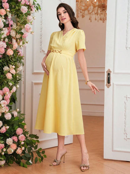 Maternity Elegant A-Line Dress - V Neck, Short Sleeve, Shirred, Flared Hem, Baby Blue