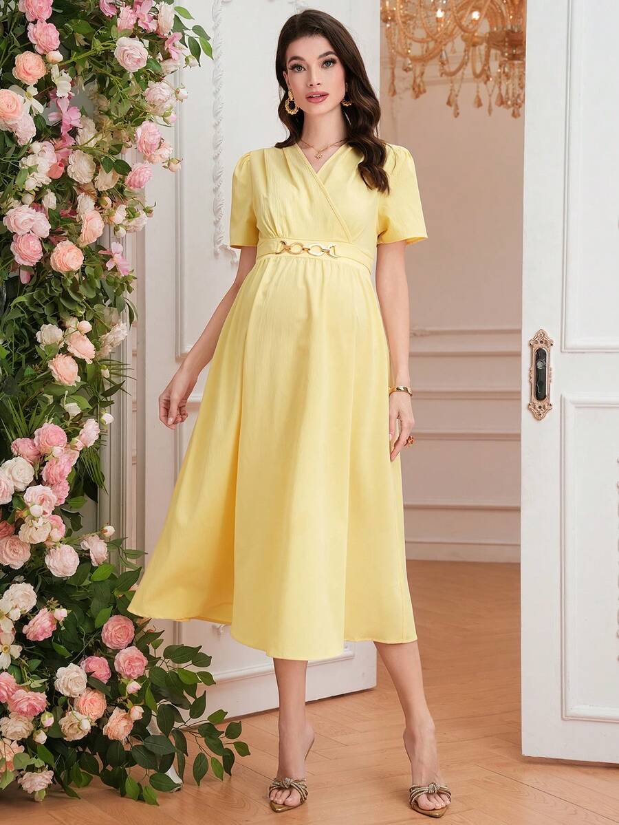 Maternity Elegant A-Line Dress - V Neck, Short Sleeve, Shirred, Flared Hem, Baby Blue