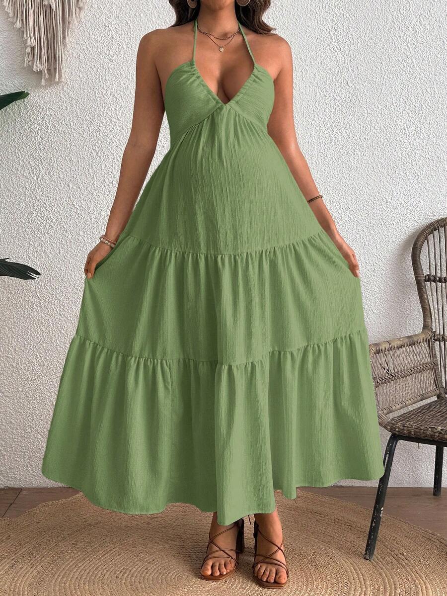 Cherish Maternity Solid Color Backless Maxi Maternity Dress Elegant Sleeveless V Neck Slim Fit Flowy Summer Gown Black