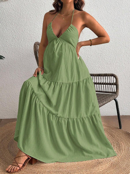 Cherish Maternity Solid Color Backless Maxi Maternity Dress Elegant Sleeveless V Neck Slim Fit Flowy Summer Gown Black
