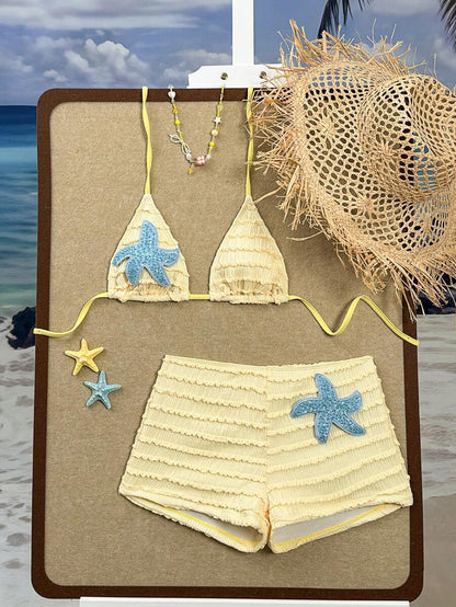 Women's 2-Piece Textured Bikini Set - Starfish Decor Halter, Tie Waist Shorts, Pale Yellow