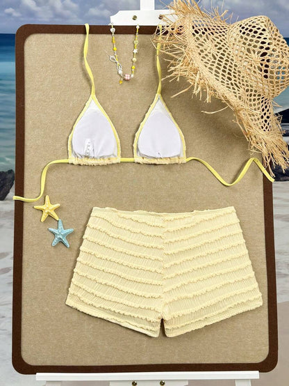 Women's 2-Piece Textured Bikini Set - Starfish Decor Halter, Tie Waist Shorts, Pale Yellow