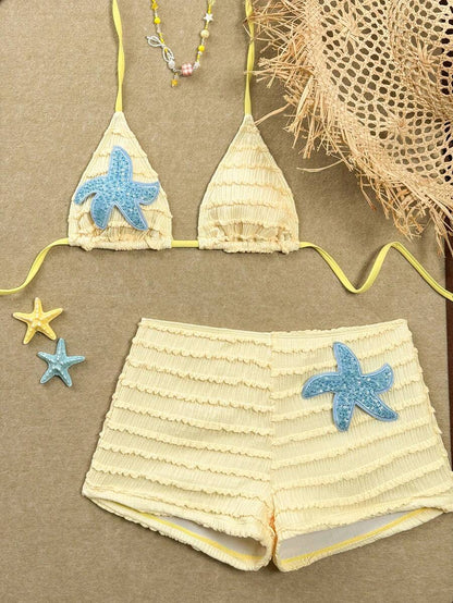 Women's 2-Piece Textured Bikini Set - Starfish Decor Halter, Tie Waist Shorts, Pale Yellow