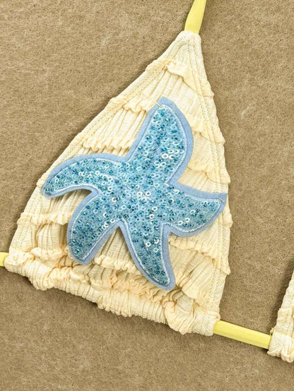 Women's 2-Piece Textured Bikini Set - Starfish Decor Halter, Tie Waist Shorts, Pale Yellow