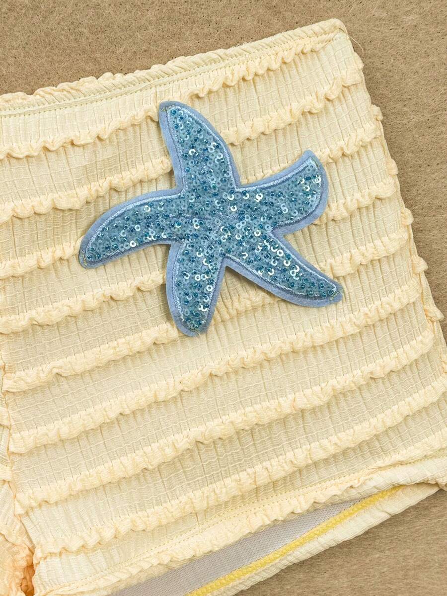 Women's 2-Piece Textured Bikini Set - Starfish Decor Halter, Tie Waist Shorts, Pale Yellow