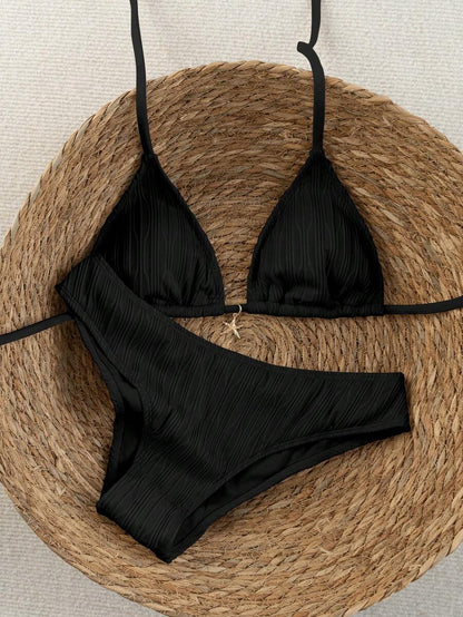 Swim Vcay 2026 Spring/Summer Women's Polka Dot Print Halter Neck Swimwear With High Cut Bottoms, 2-Piece Bikini Set Halter Bikini Bathing Suits For Women Black Bikini Set Black Textured Bikini Ribbed Bikini