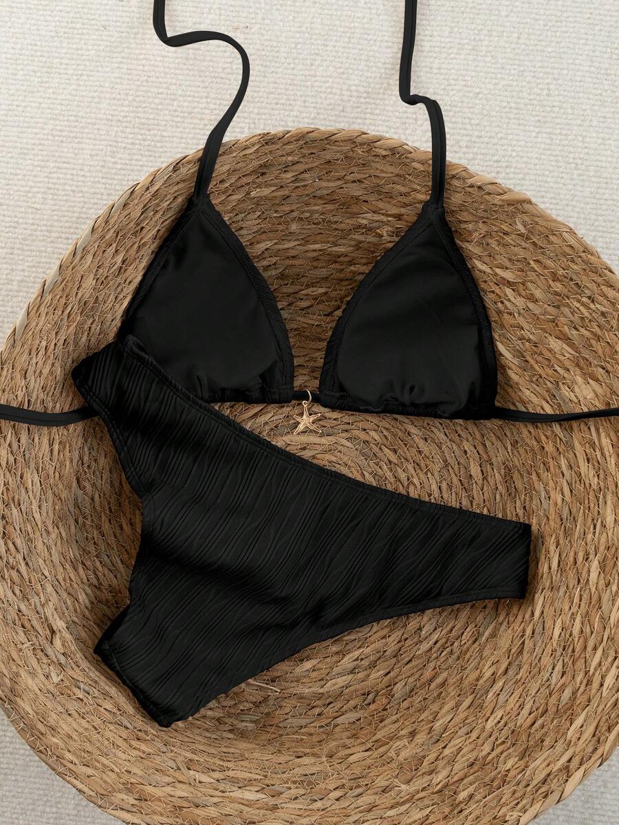 Swim Vcay 2026 Spring/Summer Women's Polka Dot Print Halter Neck Swimwear With High Cut Bottoms, 2-Piece Bikini Set Halter Bikini Bathing Suits For Women Black Bikini Set Black Textured Bikini Ribbed Bikini