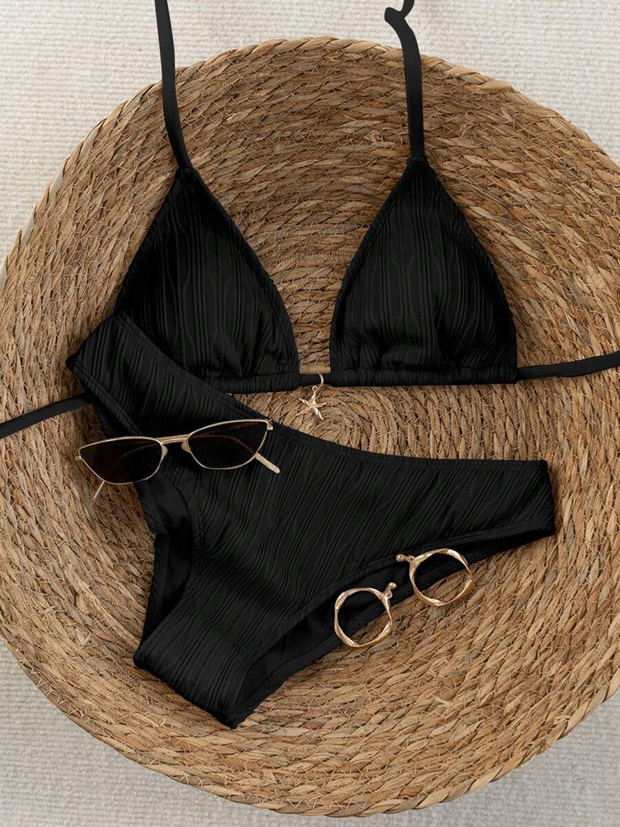 Swim Vcay 2026 Spring/Summer Women's Polka Dot Print Halter Neck Swimwear With High Cut Bottoms, 2-Piece Bikini Set Halter Bikini Bathing Suits For Women Black Bikini Set Black Textured Bikini Ribbed Bikini