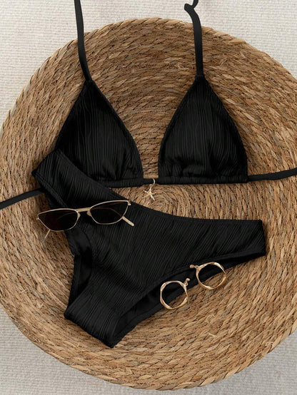 Swim Vcay 2026 Spring/Summer Women's Polka Dot Print Halter Neck Swimwear With High Cut Bottoms, 2-Piece Bikini Set Halter Bikini Bathing Suits For Women Black Bikini Set Black Textured Bikini Ribbed Bikini