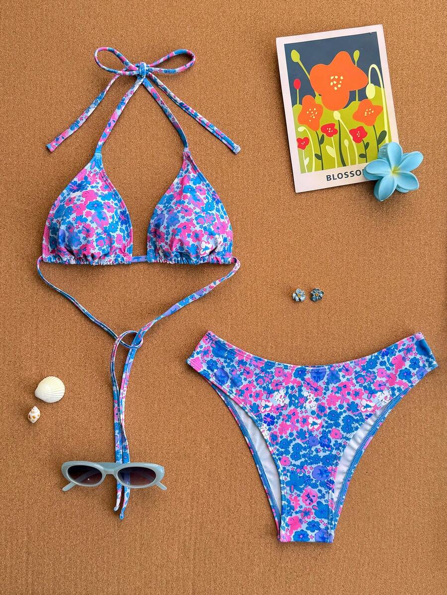Swim Vcay 2026 Spring/Summer Women's Spaghetti Strap Halter Neck Black Base White Polka Dot Random Print Sweet Cute Side High Cut Bikini Swimwear 2-Piece Set Vacation Bikini Set Pink Bikini Set High Leg Bikini Set Modest Bikini Set Bikini Set