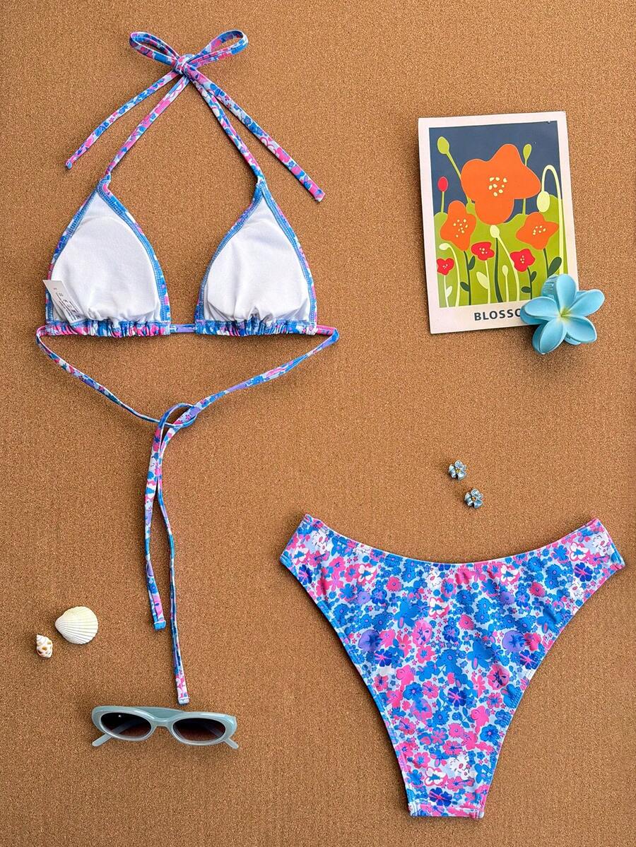 Swim Vcay 2026 Spring/Summer Women's Spaghetti Strap Halter Neck Black Base White Polka Dot Random Print Sweet Cute Side High Cut Bikini Swimwear 2-Piece Set Vacation Bikini Set Pink Bikini Set High Leg Bikini Set Modest Bikini Set Bikini Set