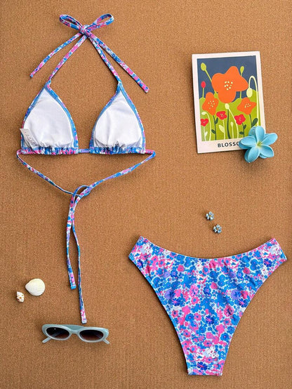 Swim Vcay 2026 Spring/Summer Women's Spaghetti Strap Halter Neck Black Base White Polka Dot Random Print Sweet Cute Side High Cut Bikini Swimwear 2-Piece Set Vacation Bikini Set Pink Bikini Set High Leg Bikini Set Modest Bikini Set Bikini Set