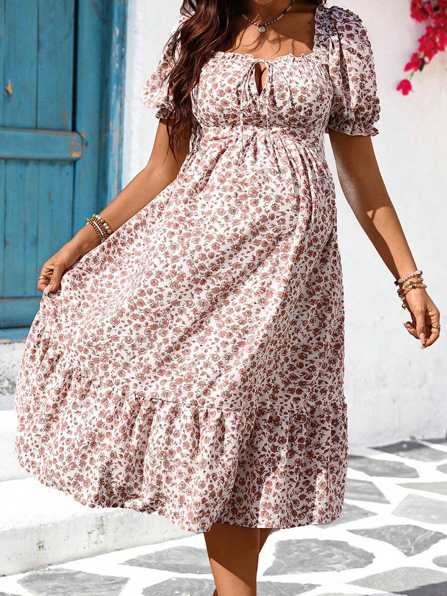 Maternity Floral Square Neck Puff Sleeve Midi Dress - Boho Tie Front High Waist Slim Fit A-Line Vacation Sun Dress