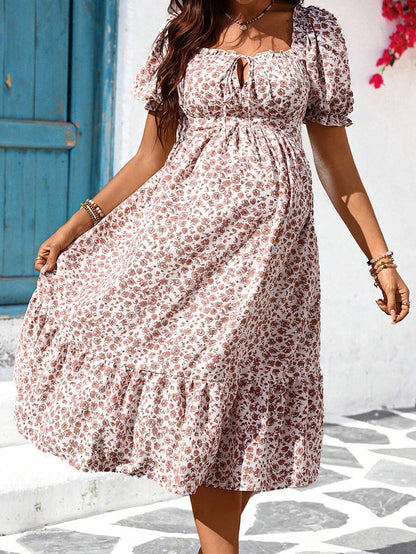Maternity Floral Square Neck Puff Sleeve Midi Dress - Boho Tie Front High Waist Slim Fit A-Line Vacation Sun Dress