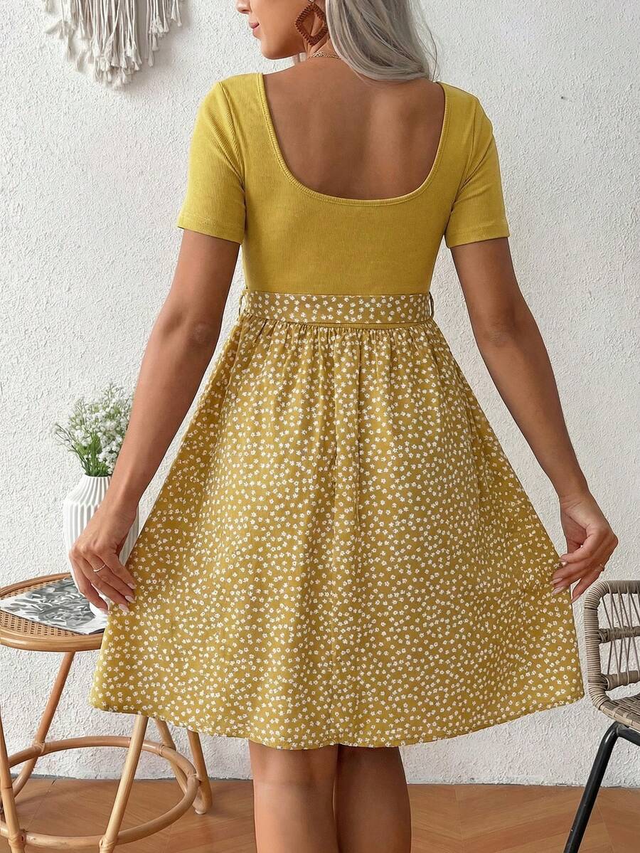 Green Ditsy Floral Maternity Summer Dress - Square Neck Short Sleeve A-Line High Waist Casual Beach Mini Dress