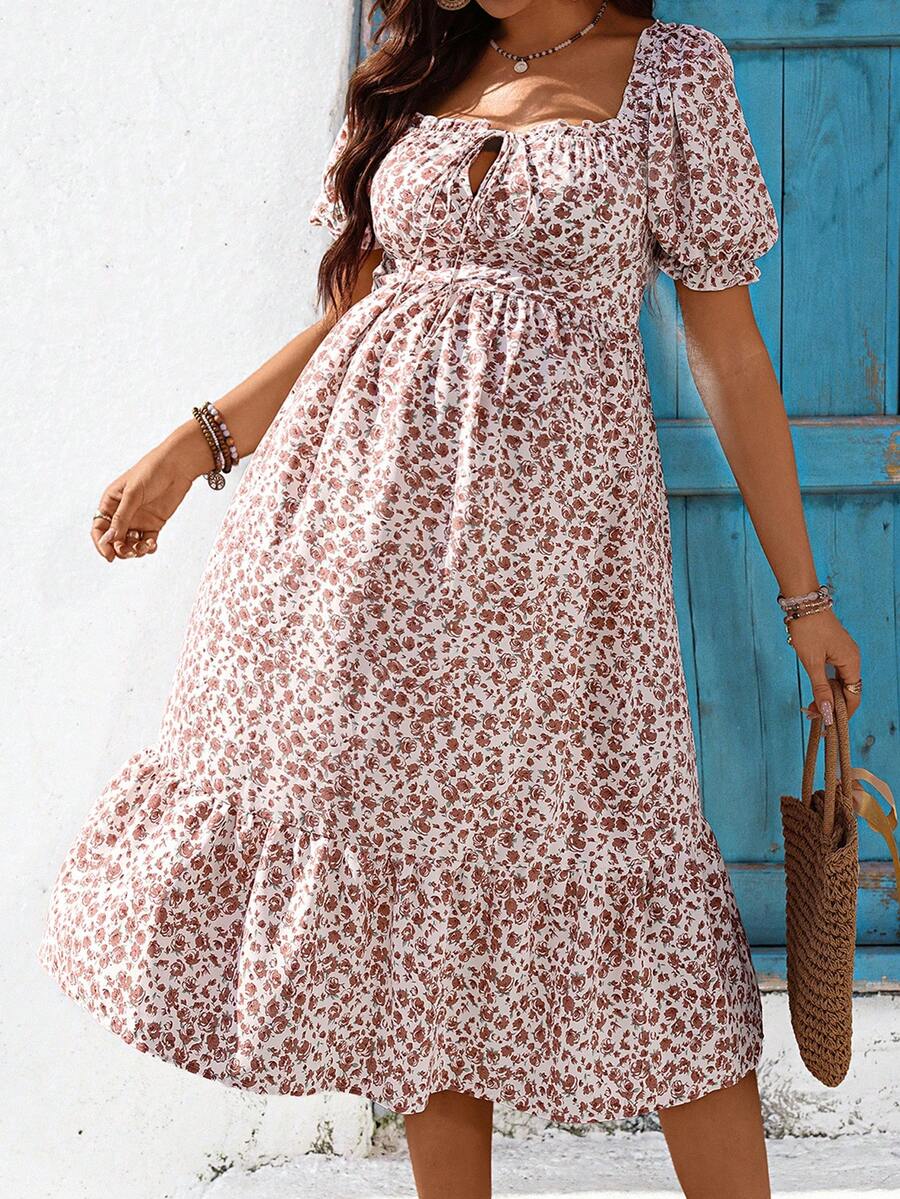 Maternity Floral Square Neck Puff Sleeve Midi Dress - Boho Tie Front High Waist Slim Fit A-Line Vacation Sun Dress