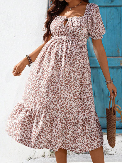 Maternity Floral Square Neck Puff Sleeve Midi Dress - Boho Tie Front High Waist Slim Fit A-Line Vacation Sun Dress