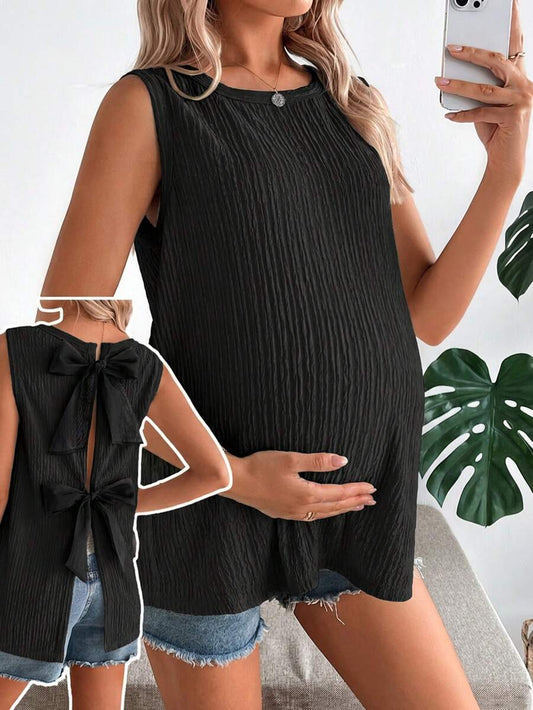 Maternity Black Open Back Camisole with Bow Detail Summer Sleeveless Maternity Tank Top for Beach and Casual Everyday Wear