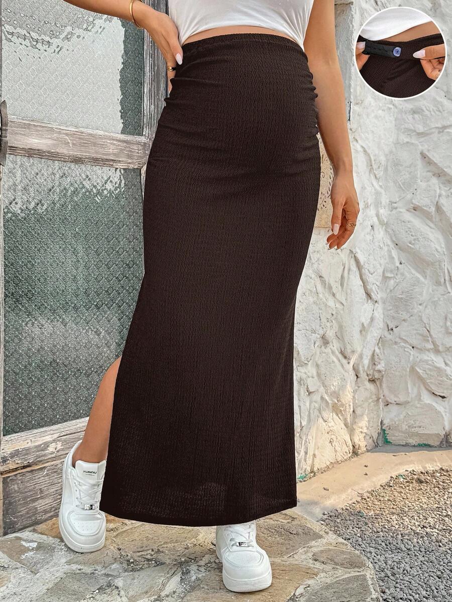 Maternity High Waist Side Slit Pencil Skirt Long Coffee Brown Skinny Fit Knit Skirt for Summer Beach and Casual Wear