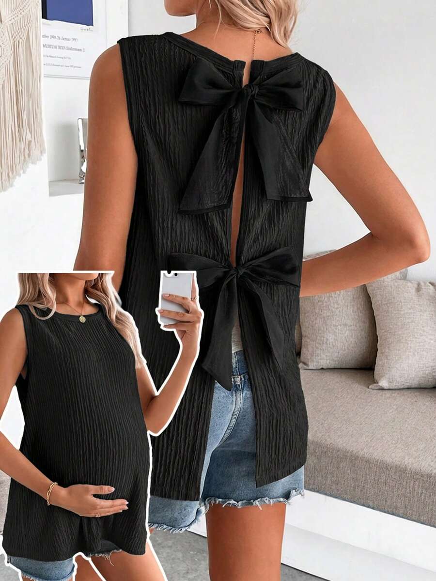 Maternity Black Open Back Camisole with Bow Detail Summer Sleeveless Maternity Tank Top for Beach and Casual Everyday Wear