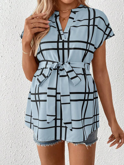 Maternity Summer,Casual Maternity Casual Plaid Print Shirt For Pregnant Women Maternity Casual Plaid Notched Neck Belted Shirt, Summer Tie Up Shirt Tie Front Blouse Light Blue Blouse Baby Blue Top Women Plaid Light Blue Top Plaid Top