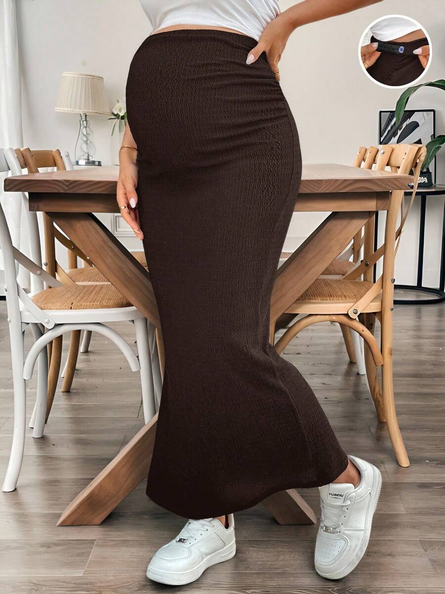 Maternity High Waist Side Slit Pencil Skirt Long Coffee Brown Skinny Fit Knit Skirt for Summer Beach and Casual Wear