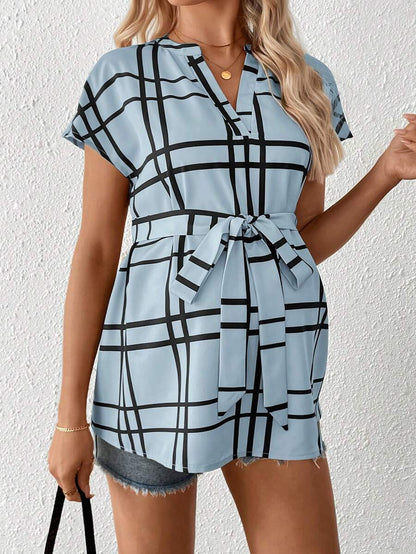 Maternity Summer,Casual Maternity Casual Plaid Print Shirt For Pregnant Women Maternity Casual Plaid Notched Neck Belted Shirt, Summer Tie Up Shirt Tie Front Blouse Light Blue Blouse Baby Blue Top Women Plaid Light Blue Top Plaid Top
