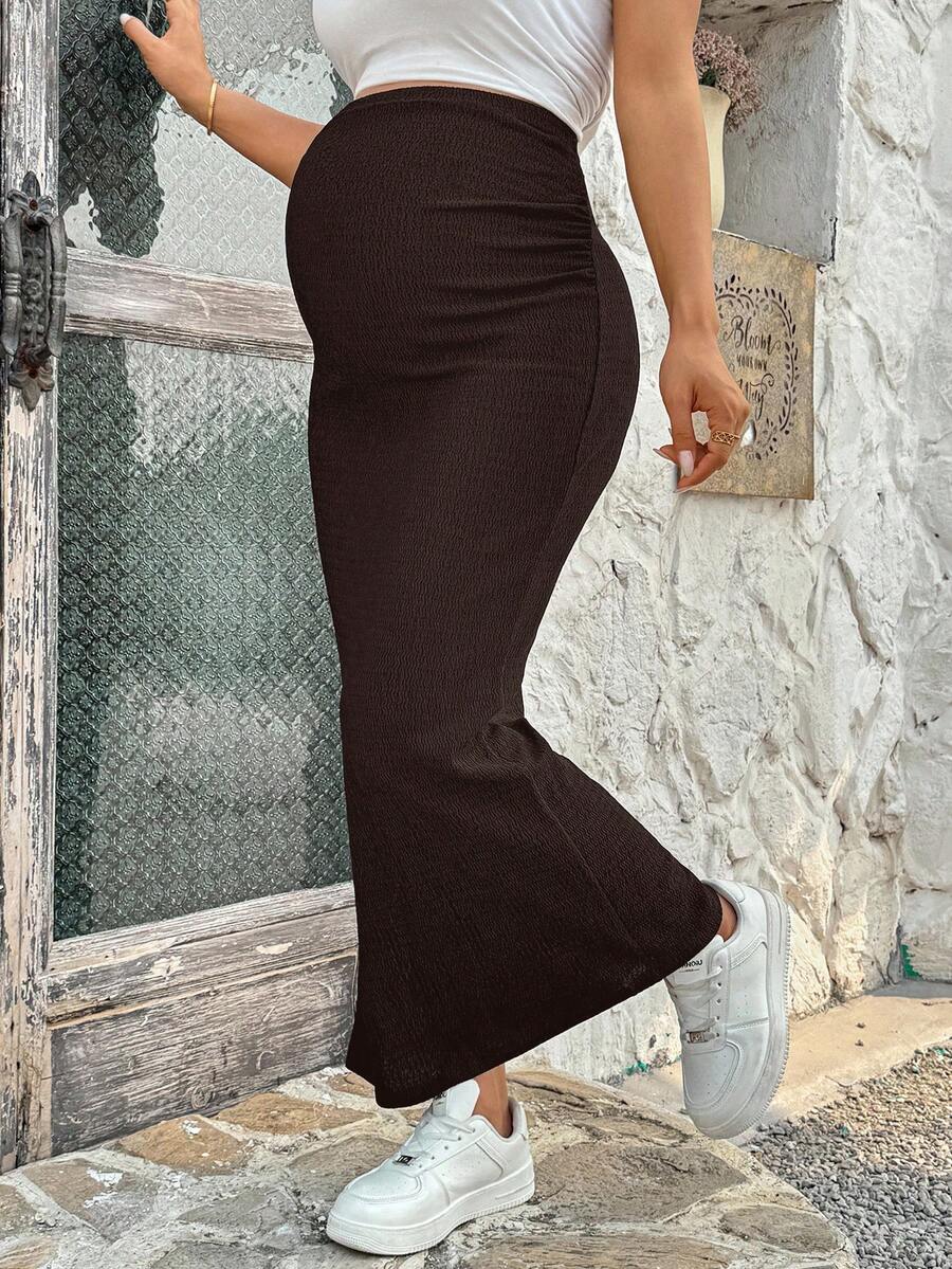 Maternity High Waist Side Slit Pencil Skirt Long Coffee Brown Skinny Fit Knit Skirt for Summer Beach and Casual Wear