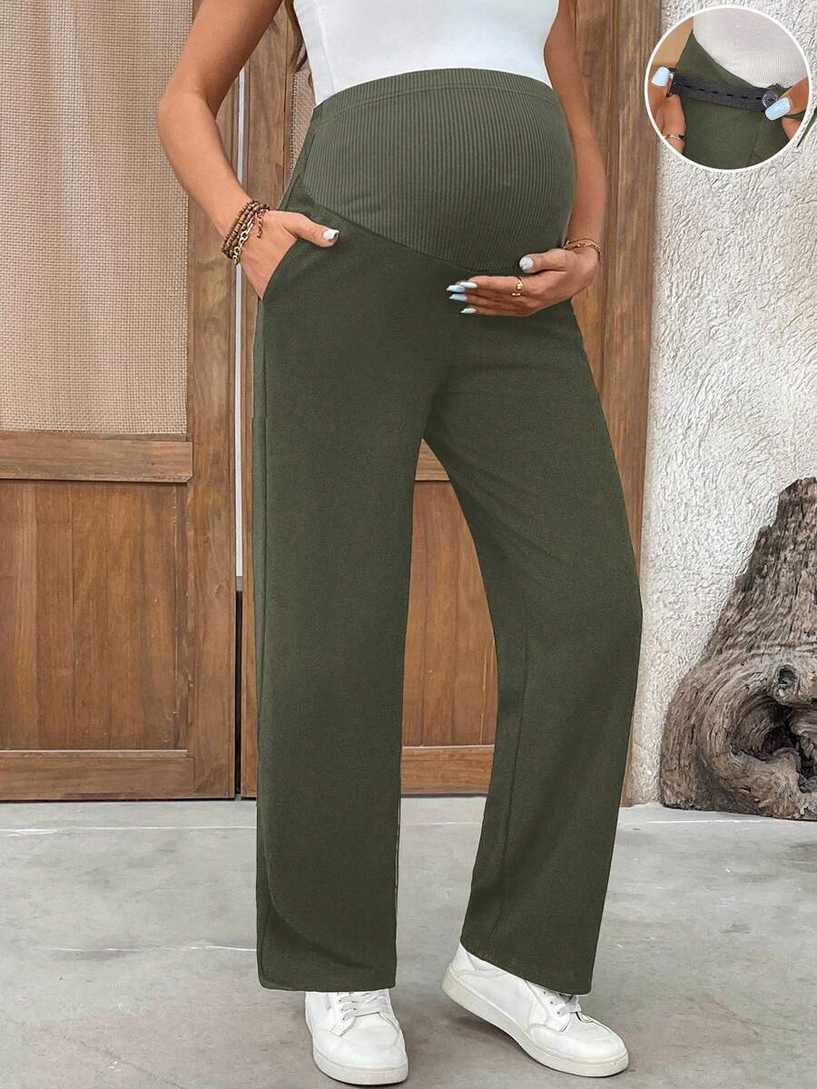 Maternity Casual Pants - Adjustable Waist, Straight Leg, Ultra High Waist, Black