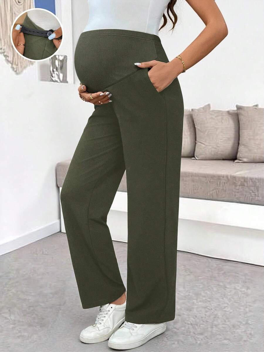 Burgundy Ultra High Waist Maternity Straight Leg Pants – Adjustable Medium Stretch Knitted Casual Trousers for Daily Wear & Fall Holidays