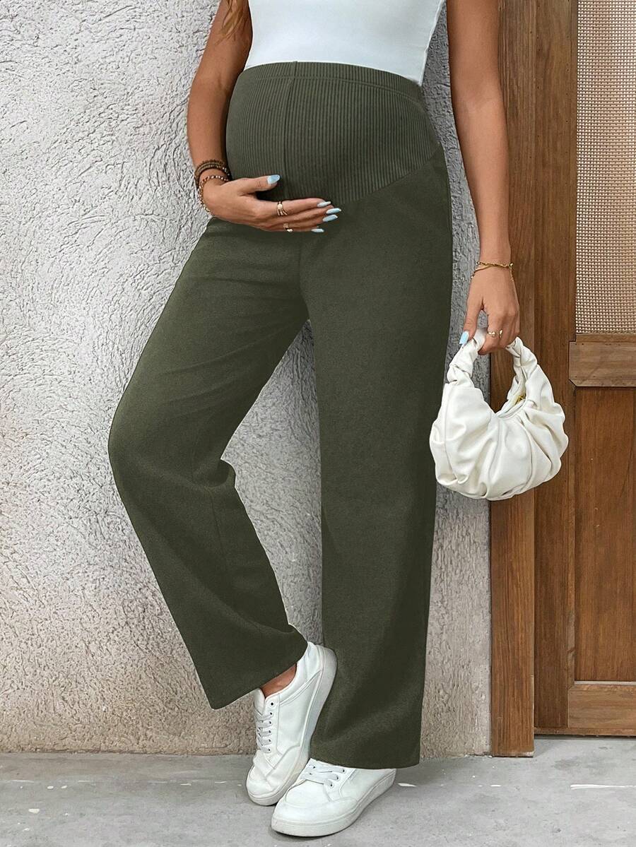 Burgundy Ultra High Waist Maternity Straight Leg Pants – Adjustable Medium Stretch Knitted Casual Trousers for Daily Wear & Fall Holidays