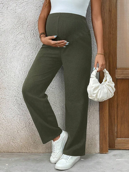 Maternity Casual Pants - Adjustable Waist, Straight Leg, Ultra High Waist, Black