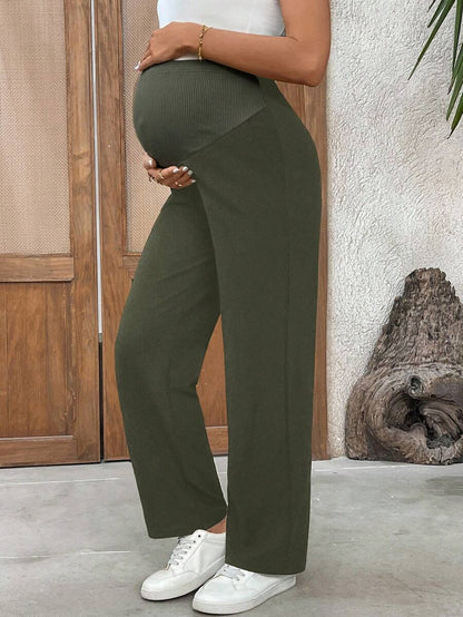 Burgundy Ultra High Waist Maternity Straight Leg Pants – Adjustable Medium Stretch Knitted Casual Trousers for Daily Wear & Fall Holidays