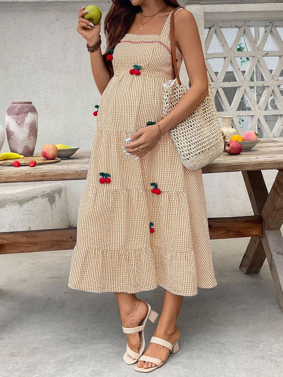 Maternity Cherry Decor Plaid Ruffle Hem Camisole Dress Picnic Dress For Woman Summer Maternity Dress Cherry Dress Women Midi Summer Dress Casual Sundress