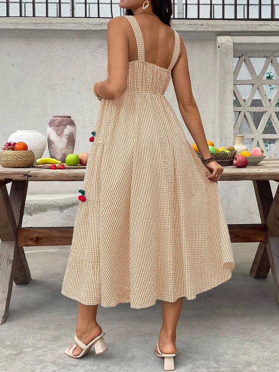 Maternity Cherry Decor Plaid Ruffle Hem Camisole Dress Picnic Dress For Woman Summer Maternity Dress Cherry Dress Women Midi Summer Dress Casual Sundress