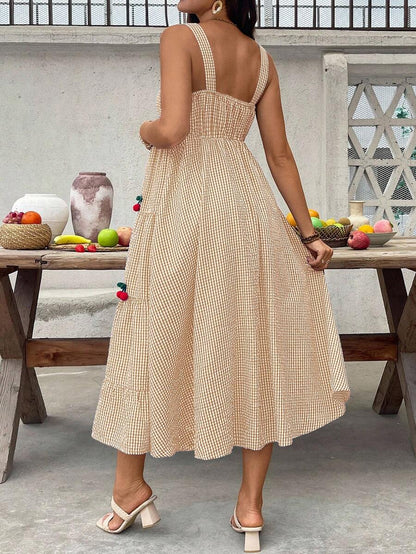 Maternity Cherry Decor Plaid Ruffle Hem Camisole Dress Picnic Dress For Woman Summer Maternity Dress Cherry Dress Women Midi Summer Dress Casual Sundress