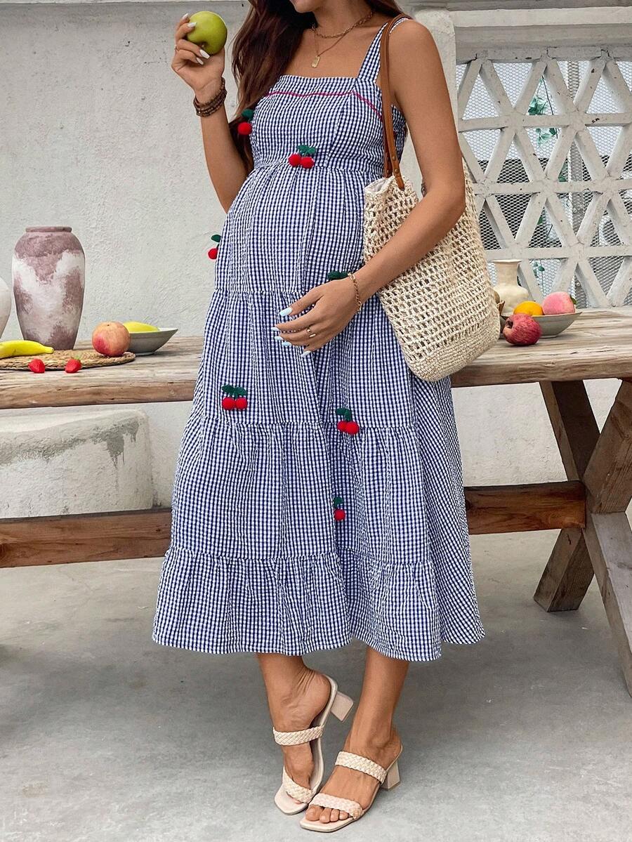 Maternity Cherry Decor Plaid Ruffle Hem Camisole Dress Picnic Dress For Woman Summer Maternity Dress Cherry Dress Women Midi Summer Dress Casual Sundress