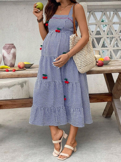 Maternity Cherry Decor Plaid Ruffle Hem Camisole Dress Picnic Dress For Woman Summer Maternity Dress Cherry Dress Women Midi Summer Dress Casual Sundress
