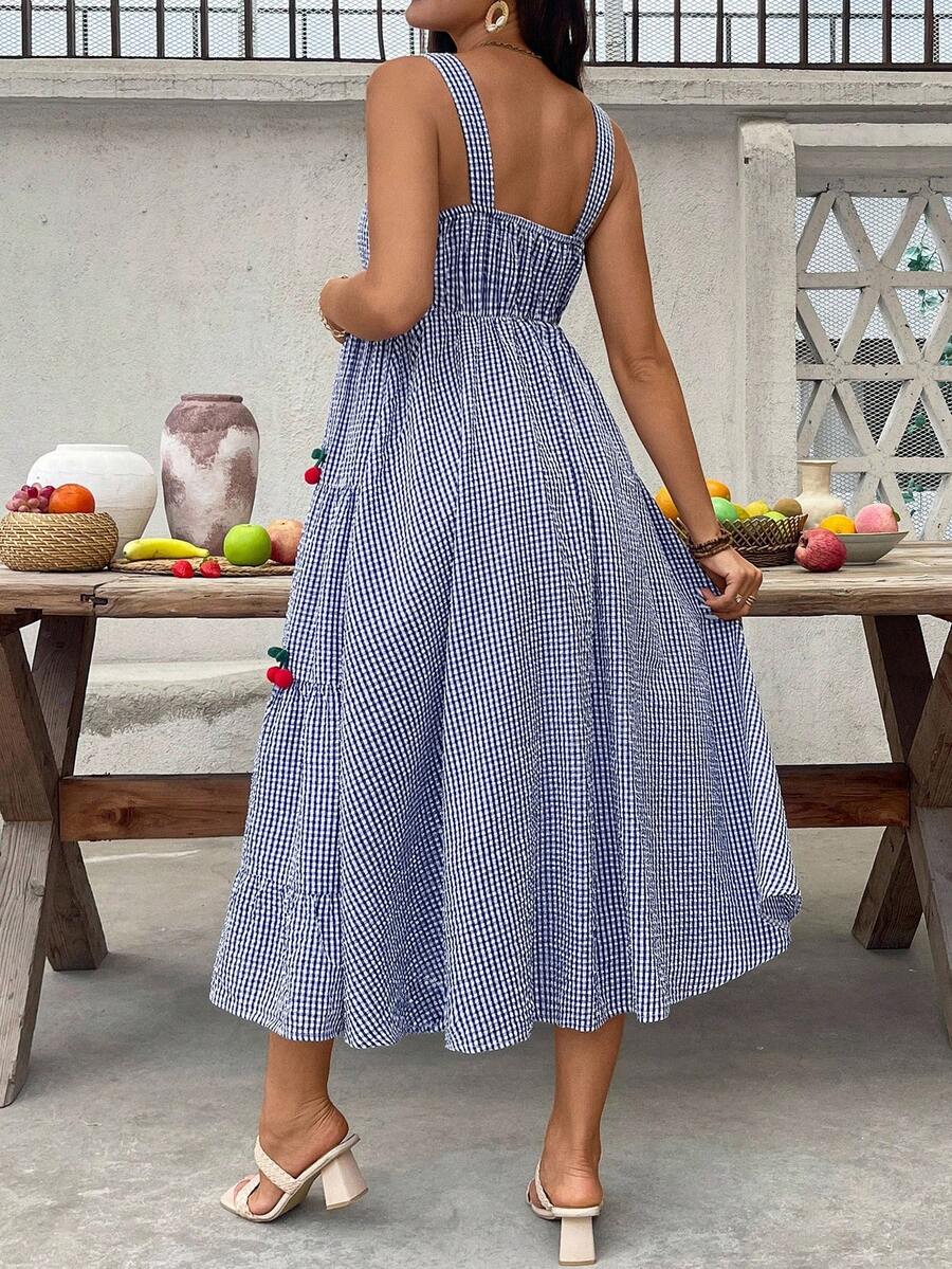 Maternity Cherry Decor Plaid Ruffle Hem Camisole Dress Picnic Dress For Woman Summer Maternity Dress Cherry Dress Women Midi Summer Dress Casual Sundress