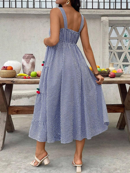 Maternity Cherry Decor Plaid Ruffle Hem Camisole Dress Picnic Dress For Woman Summer Maternity Dress Cherry Dress Women Midi Summer Dress Casual Sundress