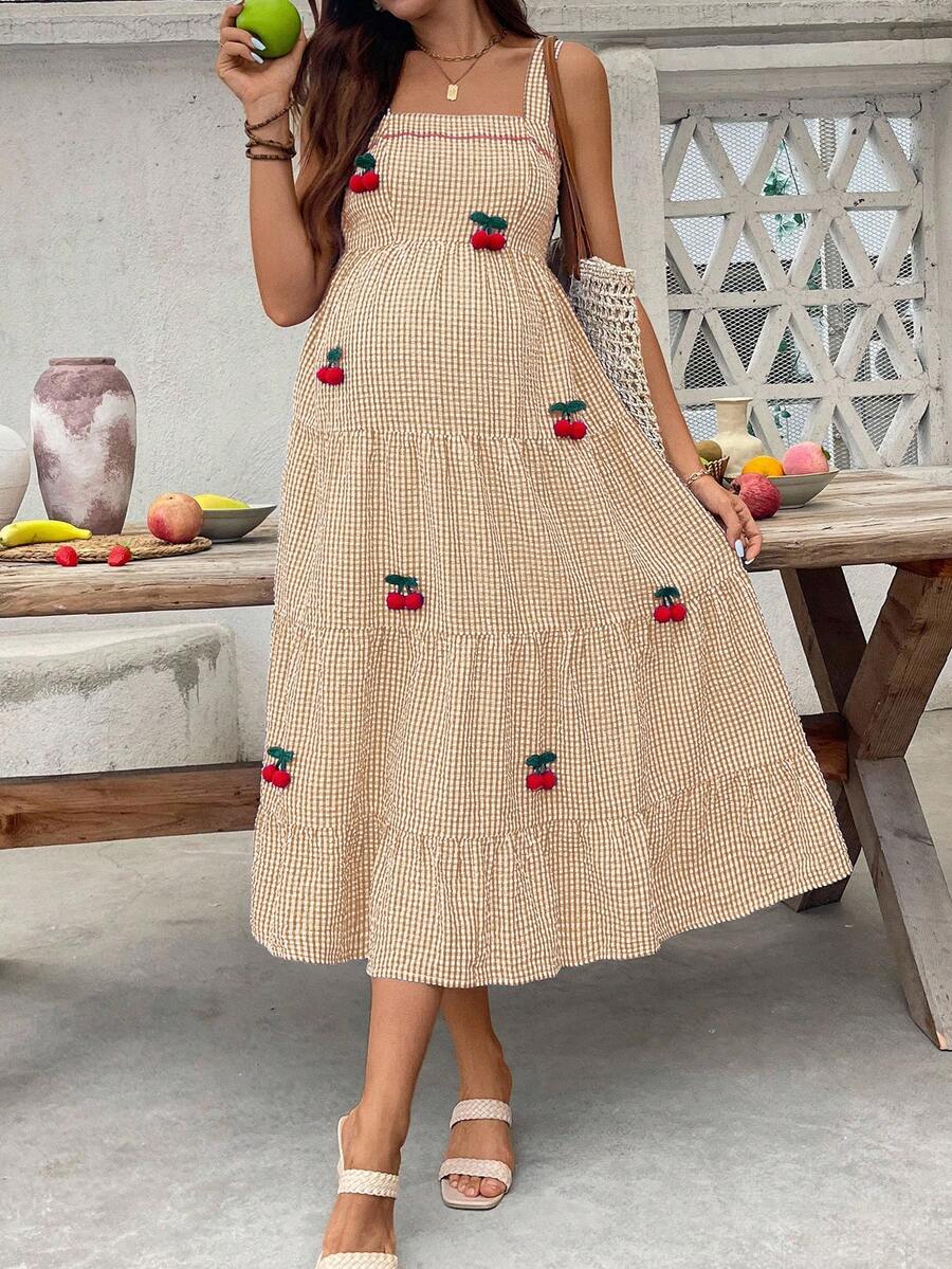 Maternity Cherry Decor Plaid Ruffle Hem Camisole Dress Picnic Dress For Woman Summer Maternity Dress Cherry Dress Women Midi Summer Dress Casual Sundress
