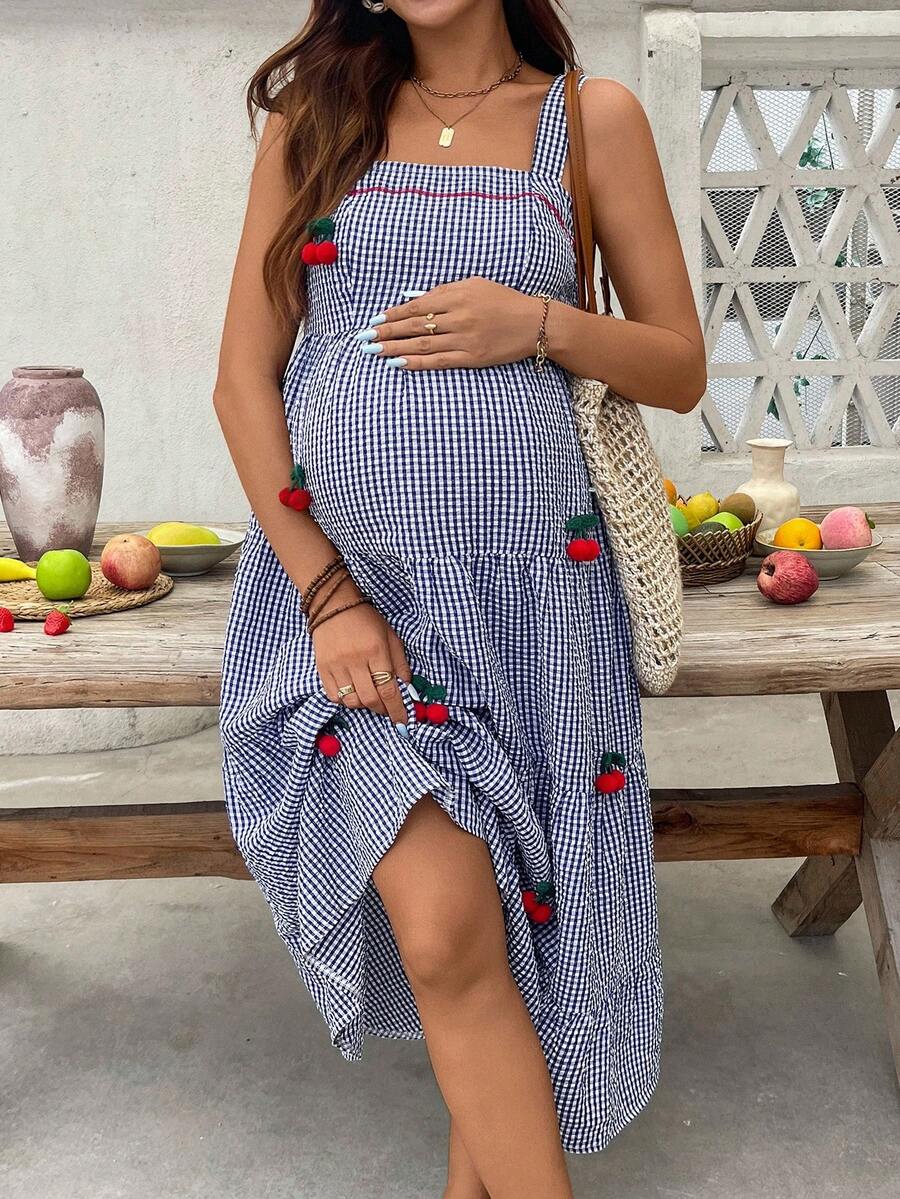 Maternity Cherry Decor Plaid Ruffle Hem Camisole Dress Picnic Dress For Woman Summer Maternity Dress Cherry Dress Women Midi Summer Dress Casual Sundress