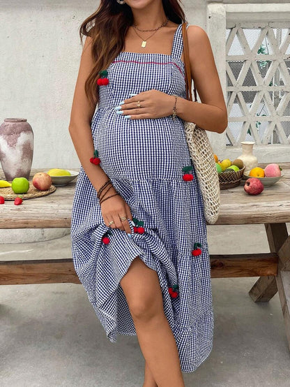 Maternity Cherry Decor Plaid Ruffle Hem Camisole Dress Picnic Dress For Woman Summer Maternity Dress Cherry Dress Women Midi Summer Dress Casual Sundress