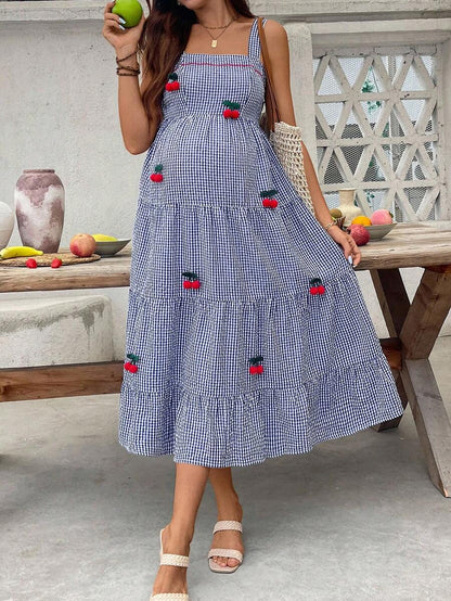 Maternity Cherry Decor Plaid Ruffle Hem Camisole Dress Picnic Dress For Woman Summer Maternity Dress Cherry Dress Women Midi Summer Dress Casual Sundress