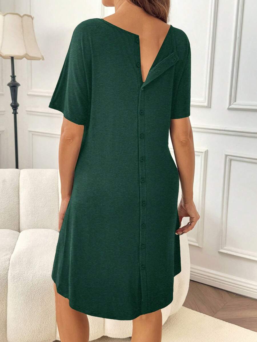 Slowluna Black V-Neck Short Sleeve Lounge Top - Loose Fit High Stretch Knitted Tunic - Comfortable Summer Pajama and Hospital Wear