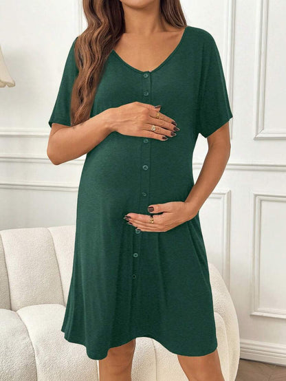 Red V-Neck Button Front Maternity Nightgown - High Stretch Loose Fit Labor and Delivery Gown - Long Half Sleeve Hospital Sleepwear