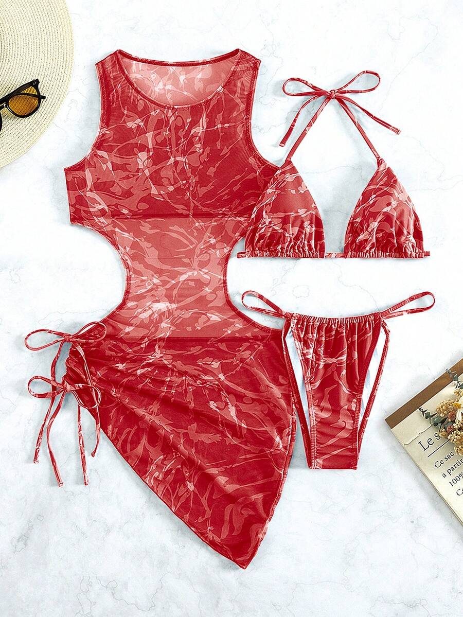 Women's 3-Piece Tie-Dye Bikini Set - Halter, Cover-Up Dress, Thongs, Green