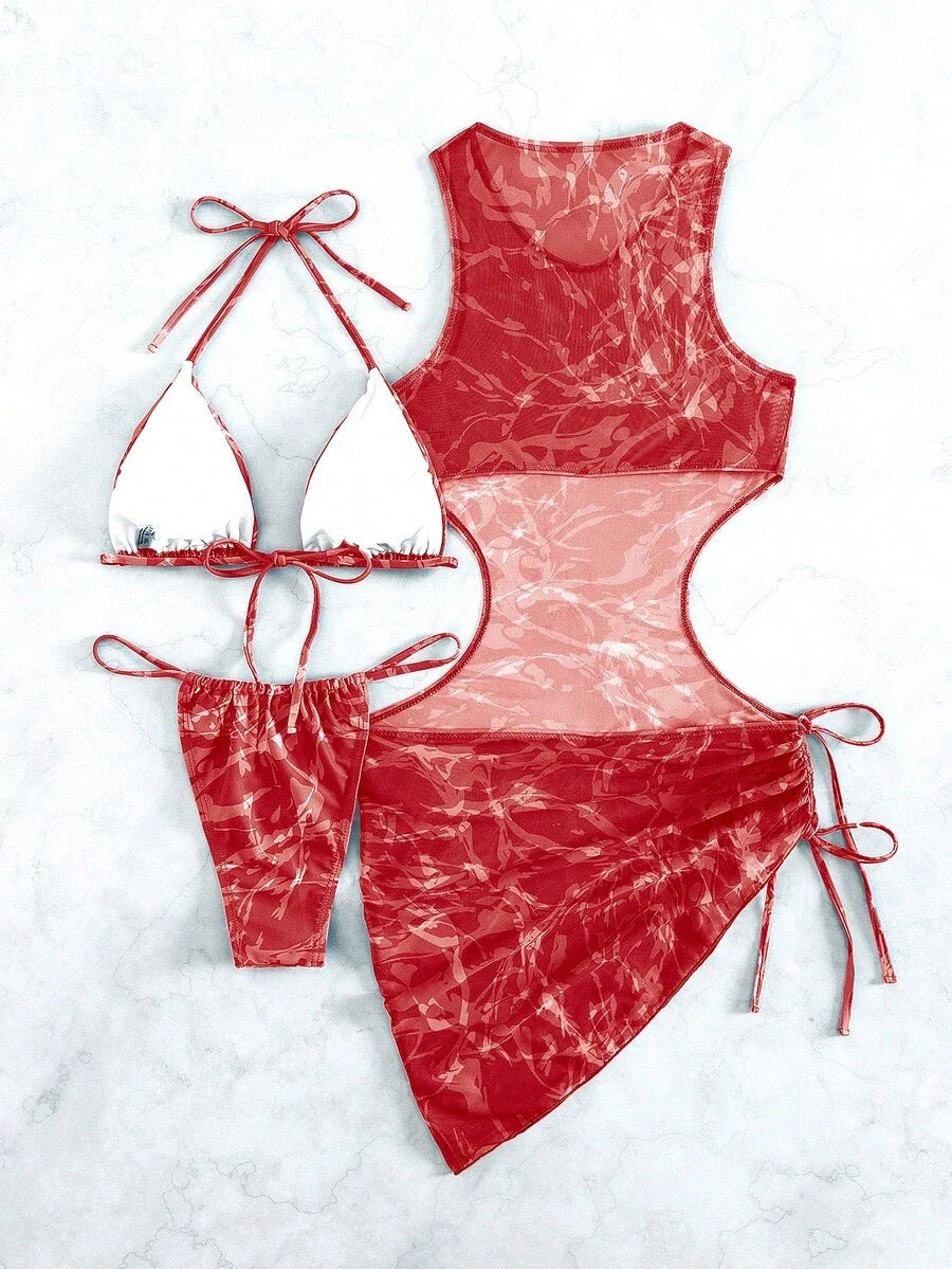 Women's 3-Piece Tie-Dye Bikini Set - Halter, Cover-Up Dress, Thongs, Green