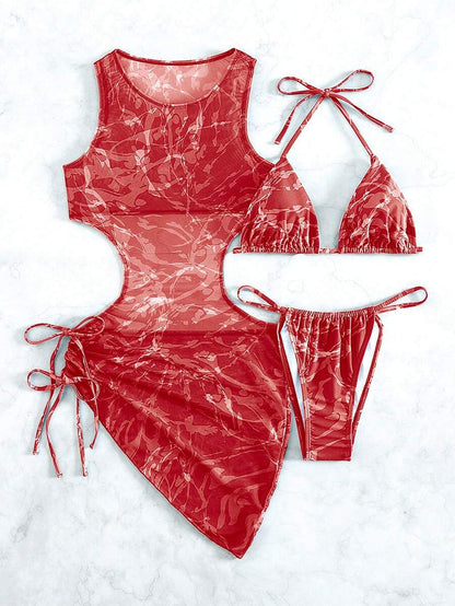 Women's 3-Piece Tie-Dye Bikini Set - Halter, Cover-Up Dress, Thongs, Green